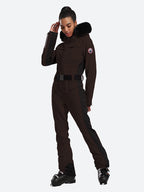 Les Odettes women's classic faux fur one-piece ski suit, warm and stylish for winter skiing adventures.