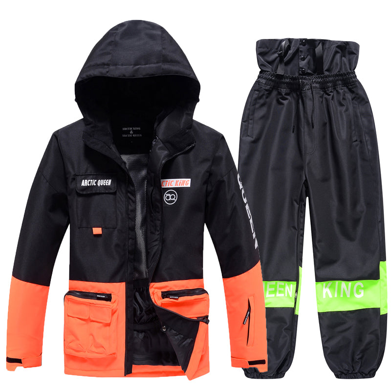 Men's Arctic King winter sport snowboard suit by Les Odettes, includes snow jacket and pants set with insulated, waterproof design.