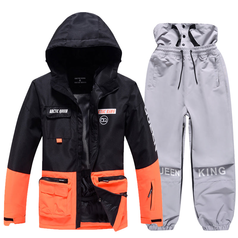 Men's Arctic King winter sport snowboard suit by Les Odettes, featuring a snow jacket and pants set with winter ski gear design.