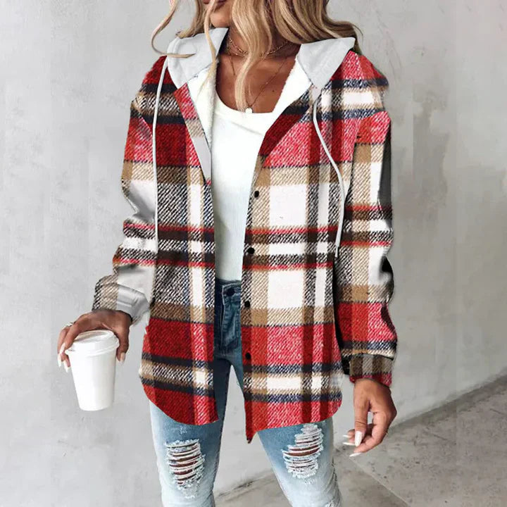 Les Odettes Carmen checkered lined cardigan for women, featuring a cozy collar and button-up front in a stylish checkered pattern.