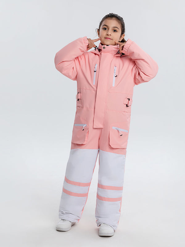 Kids' unisex Arctic Queen snowboarding one-piece snowsuit by Les Odettes with a colorful, insulated winter ski suit for children.