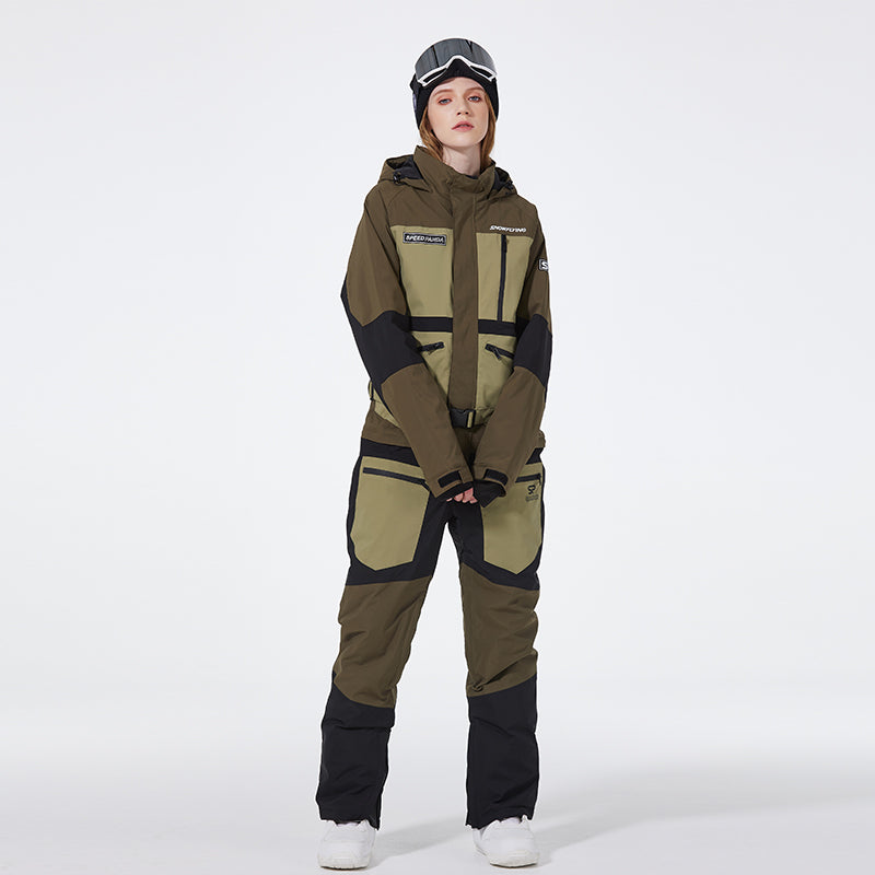 Women's SpeedPanda Alpine GlacierPro extreme onesie jumpsuit by Les Odettes, featuring a full-body mountain and glacier-themed design.