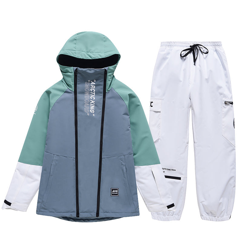Men's winter snow suit by Les Odettes, impression zip snowboard suit with insulated waterproof design and adjustable straps.
