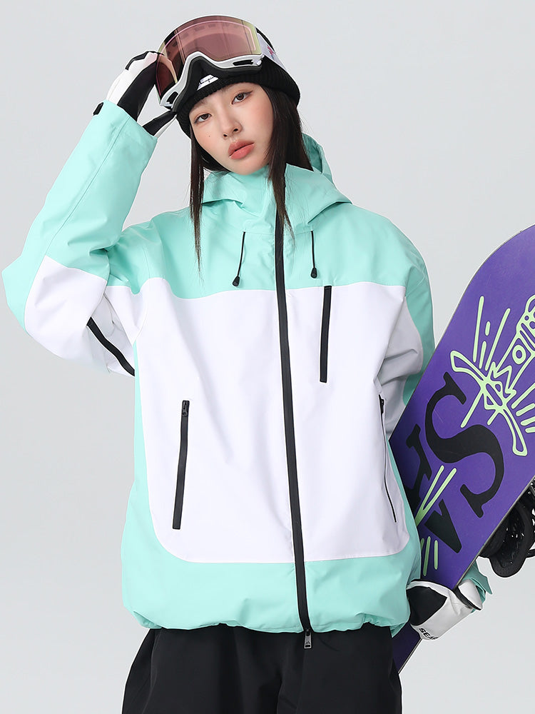 Les Odettes women's Searipe retro vibe color block snow jacket with oversized fit, warm winter outerwear for women.
