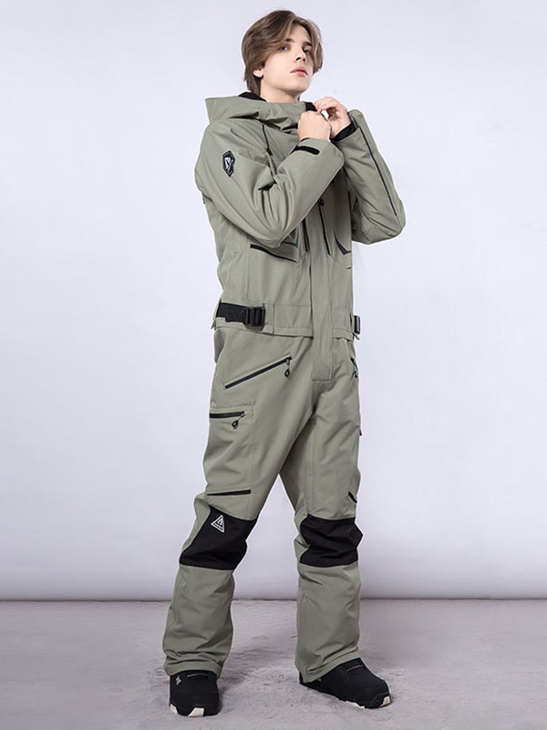 Men's RAWRWAR highland cargo one-piece snowsuit by Les Odettes, featuring insulated snow protection and rugged outdoor design.