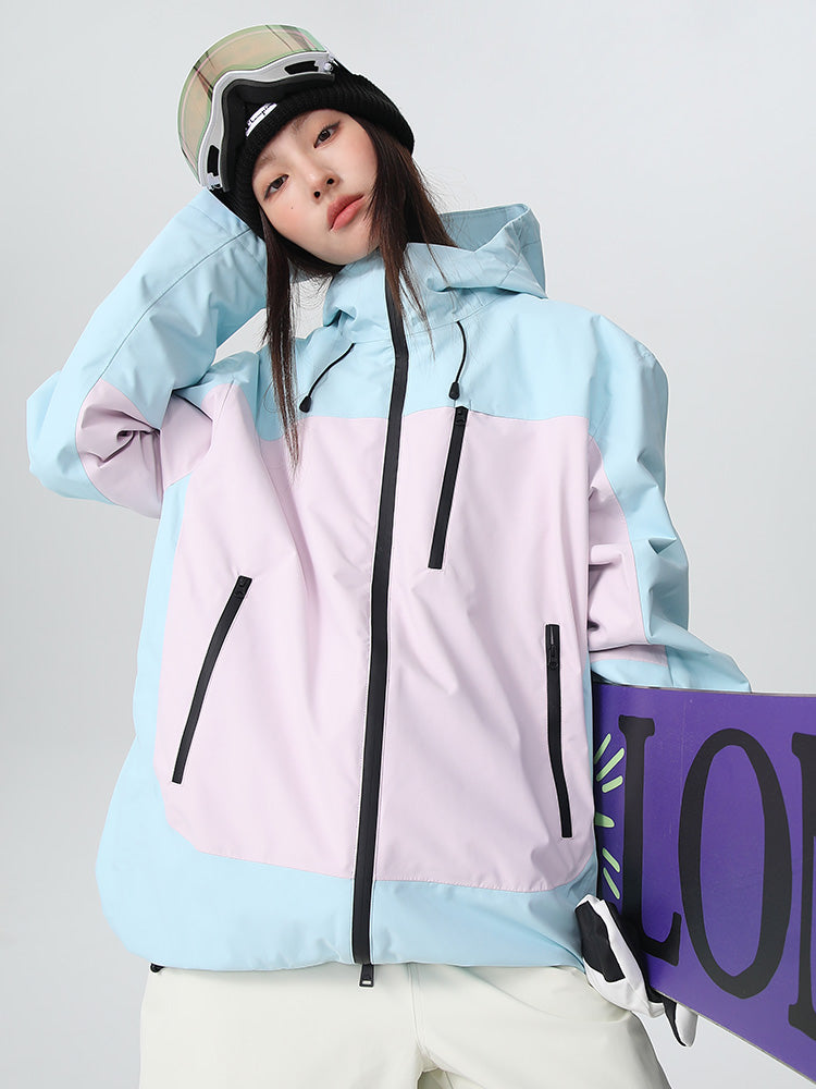 Women's Searipe Retro Vibe color block baggy snow jacket by Les Odettes, featuring a stylish winter coat with bold color blocks.