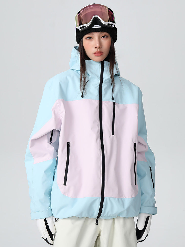 Women's Searipe Retro Vibe color block baggy snow jacket by Les Odettes, showcasing its stylish design and cozy winter fit.