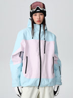 Women's Searipe Retro Vibe color block baggy snow jacket by Les Odettes, showcasing its stylish design and cozy winter fit.