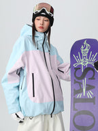 Women's Searipe Retro Vibe color block baggy snow jacket by Les Odettes, featuring bold color blocks and a cozy winter fit.