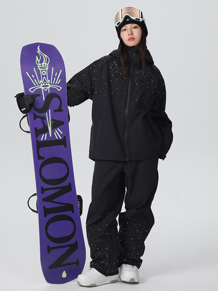 Women's SnowLuxe Spark Crystal chic mountain snow suit by Les Odettes, featuring a stylish winter snow outfit with sparkling details.