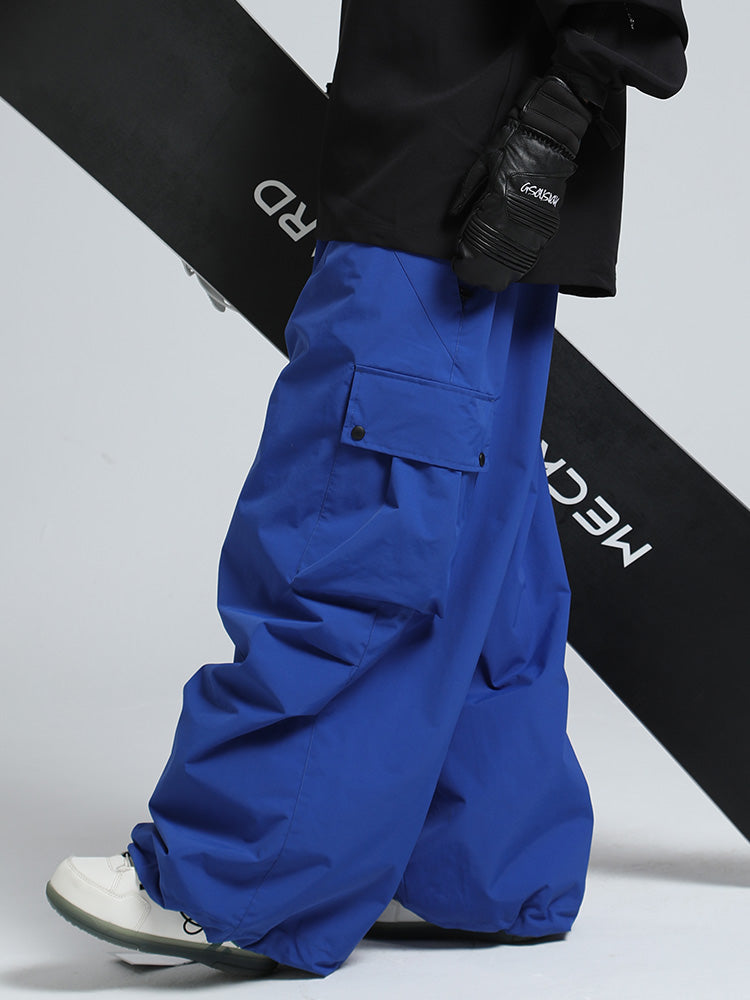 Men's Gsou Snow Mountain Chill freestyle baggy snowboard pants by Les Odettes, showing the relaxed fit and waterproof fabric.