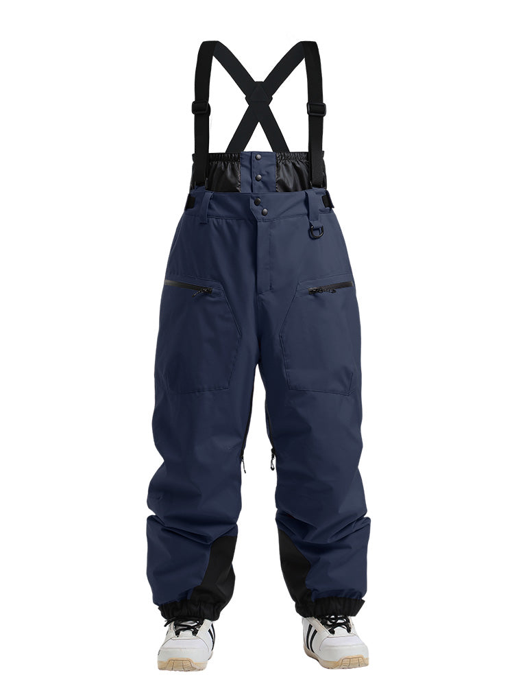 Men's Les Odettes Gsou Snow durable mountain cargo snow bibs pants, showing reinforced knees and adjustable straps for winter outdoor activities.