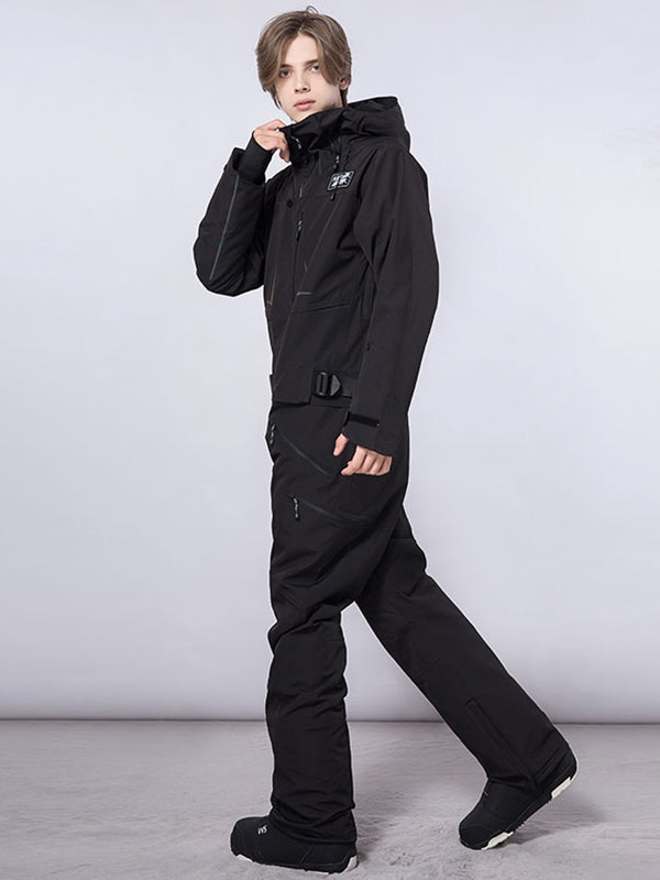 Men's RAWRWAR high land cargo one-piece snowsuit by Les Odettes, shown in a durable winter snowsuit with cargo pockets.