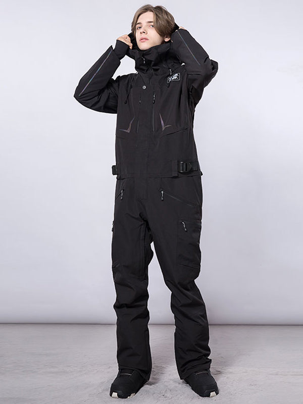 Men's Les Odettes RAWRWAR high land cargo one-piece snowsuit, insulated winter snow suit with multiple cargo pockets and durable fabric.