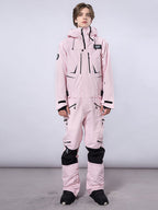 Men's Les Odettes RAWRWAR high land cargo one-piece snowsuit with insulated design and multiple cargo pockets for winter outdoor activities.