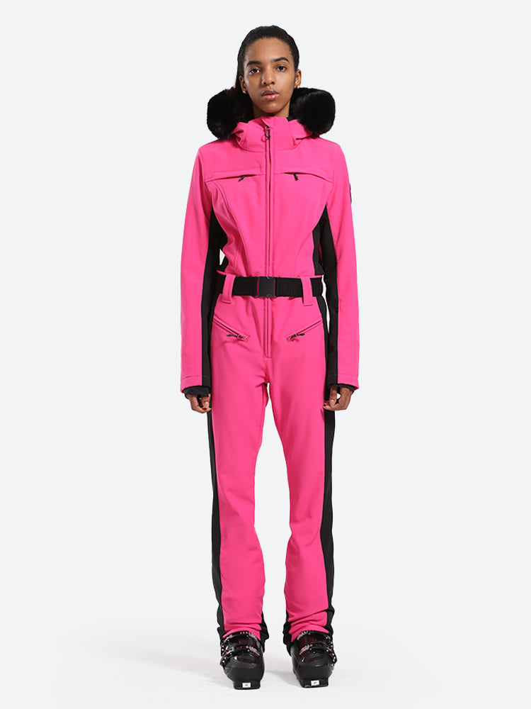 Les Odettes women's classic faux fur one-piece ski suit, stylish and warm for winter outdoor skiing activities.