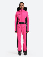Les Odettes women's classic faux fur one-piece ski suit, stylish and warm for winter outdoor skiing activities.