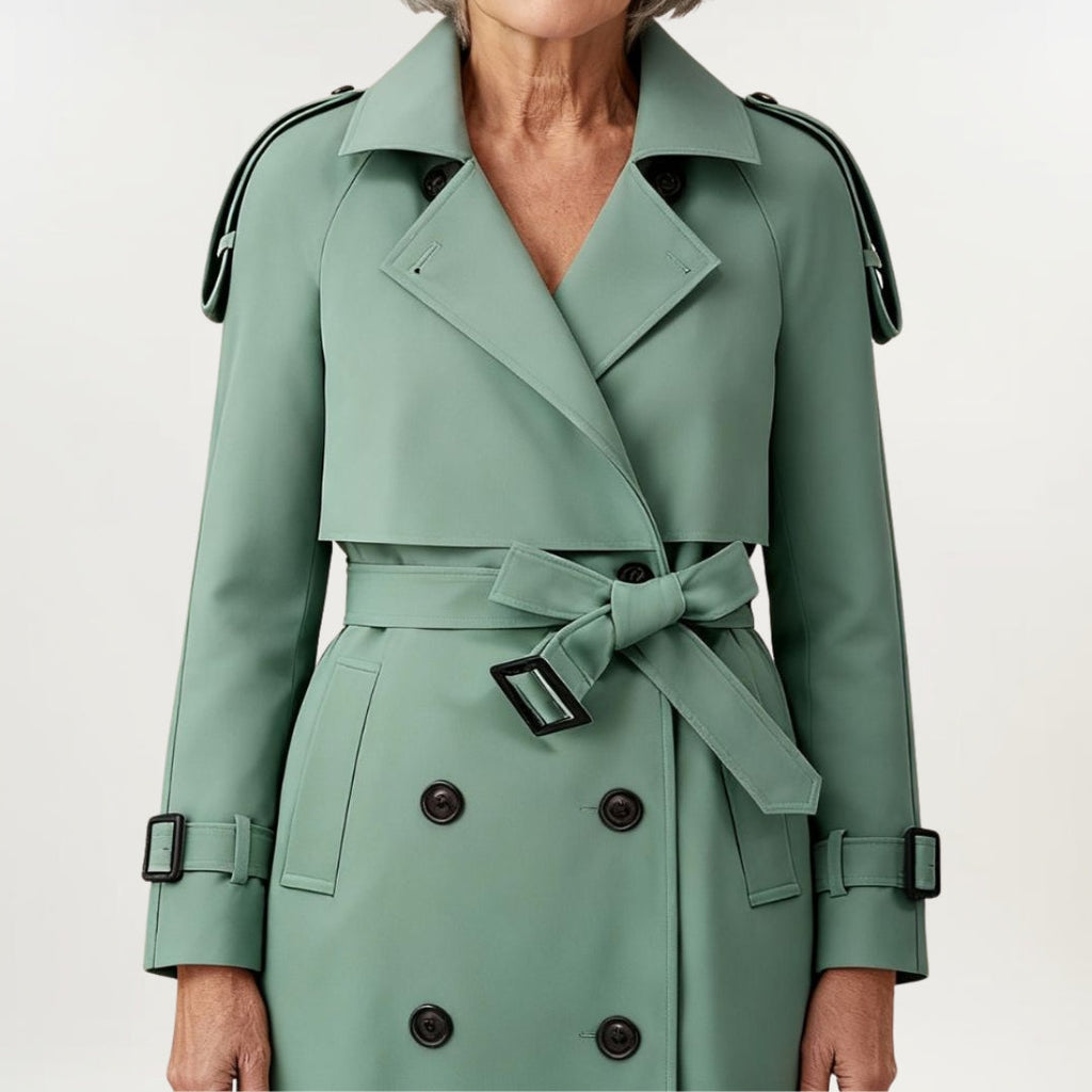Les Odettes Ashly™ longline trench coat in beige, showcasing its classic collar, button front, and stylish silhouette.