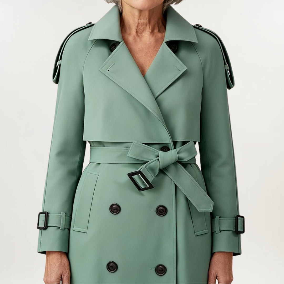 Les Odettes Ashly™ longline trench coat in beige, showcasing its classic collar, button front, and stylish silhouette.