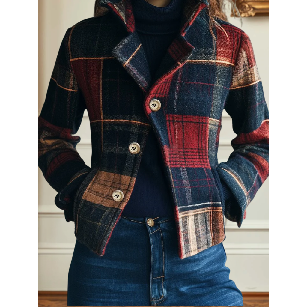 Les Odettes Francesca™ Classic Plaid Jacket, front view showing tailored fit and stylish plaid pattern.