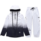 Men's winter snowboard suit by Les Odettes, Impression Zip Snow Suit, in black, shown with hood and insulated design.