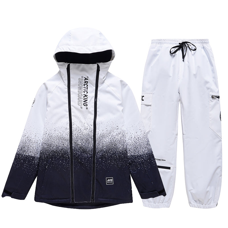 Men's winter snowboard suit by Les Odettes, Impression Zip Snow Suit, in black, shown with hood and insulated design.