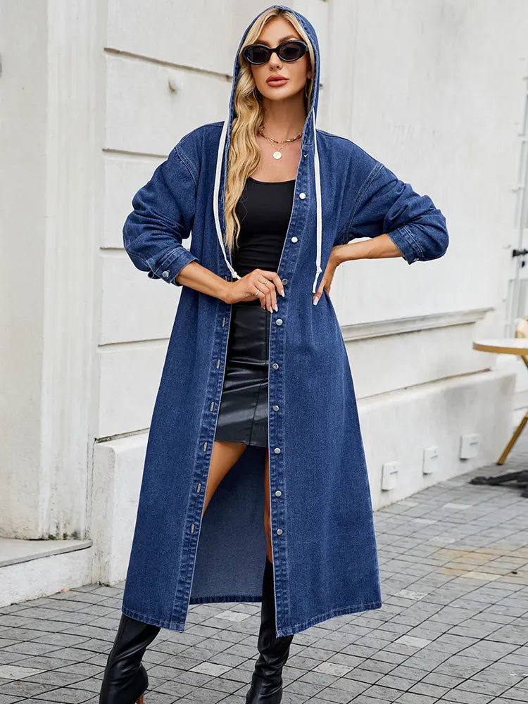 Women’s Long Denim Trench Coat with Full-Opening Front