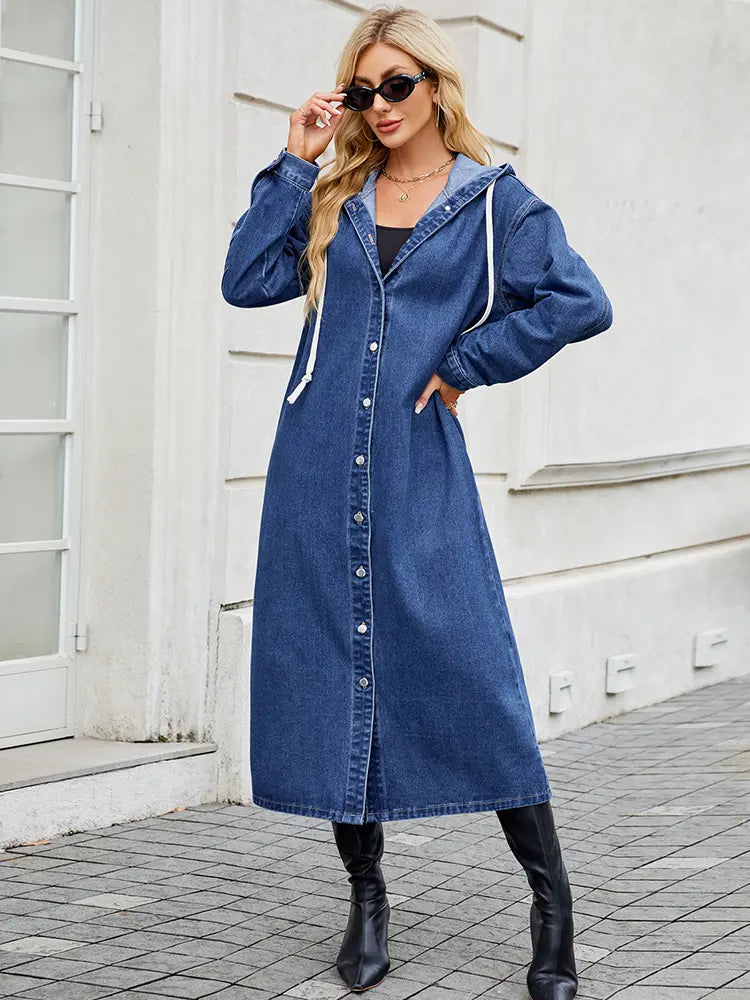 Women’s Long Denim Trench Coat with Full-Opening Front