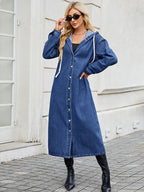 Women’s Long Denim Trench Coat with Full-Opening Front