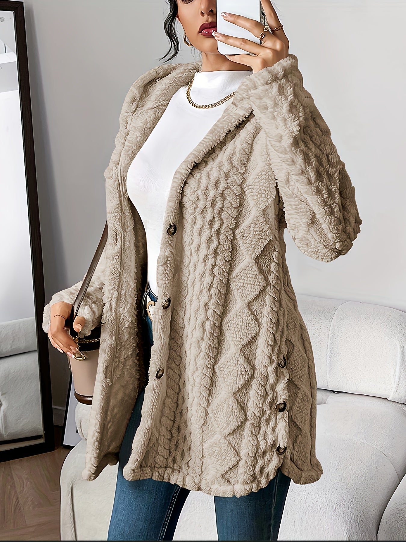 Les Odettes Adriana™ plush hooded cardigan, soft and cozy knit with front pockets, in a neutral color.