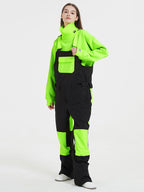 Women's Les Odettes snowboarding bibs with rabbit print, waterproof snow pants for freestyle mountain skiing, featuring adjustable straps.