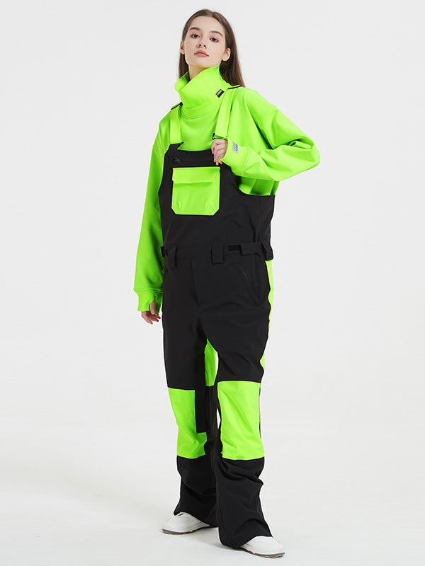 Women's Les Odettes snowboarding bibs with rabbit print, waterproof snow pants for freestyle mountain skiing, featuring adjustable straps.
