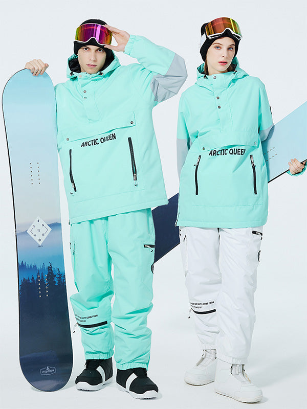 Men's SnowCrest FrostTrek half-zip anorak snowboarding suit by Les Odettes, featuring a waterproof design and winter-ready style.