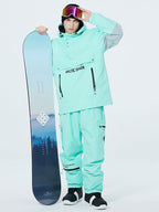 Men's SnowCrest FrostTrek half-zip anorak snowboarding suit by Les Odettes, shown in black with front zipper and winter-ready design.