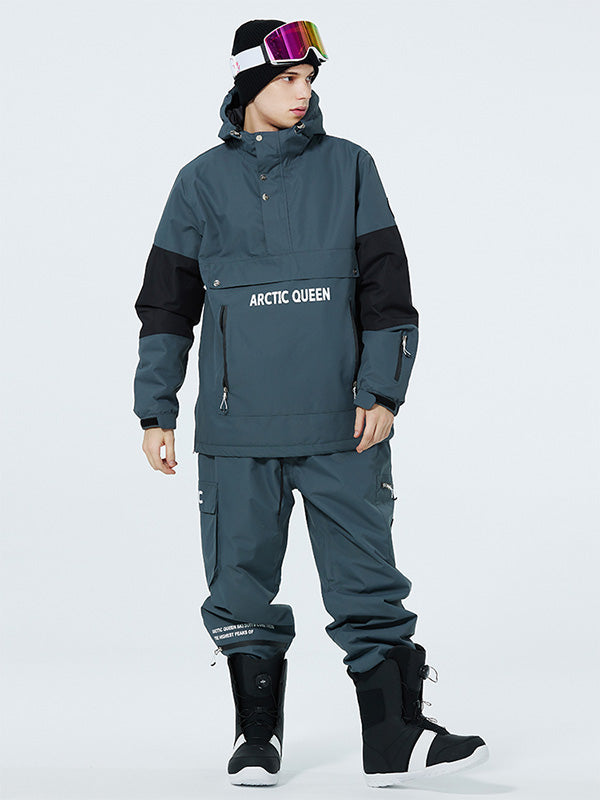 Men's SnowCrest FrostTrek half-zip anorak snowboarding suit by Les Odettes, shown in a winter outdoor setting.