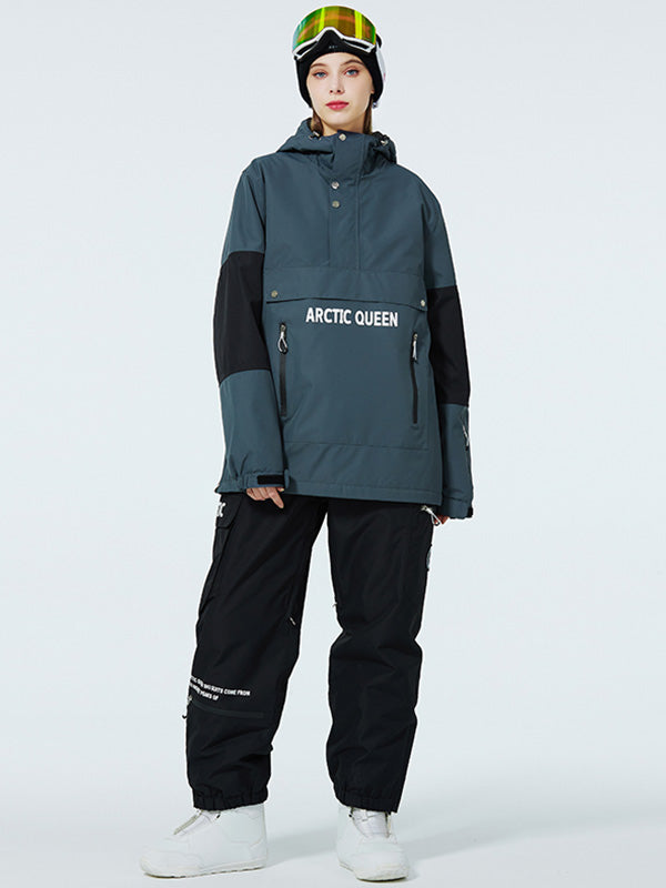 Men's SnowCrest FrostTrek half-zip anorak snowboard suit by Les Odettes, featuring a waterproof jacket with a zipper and snow protection.