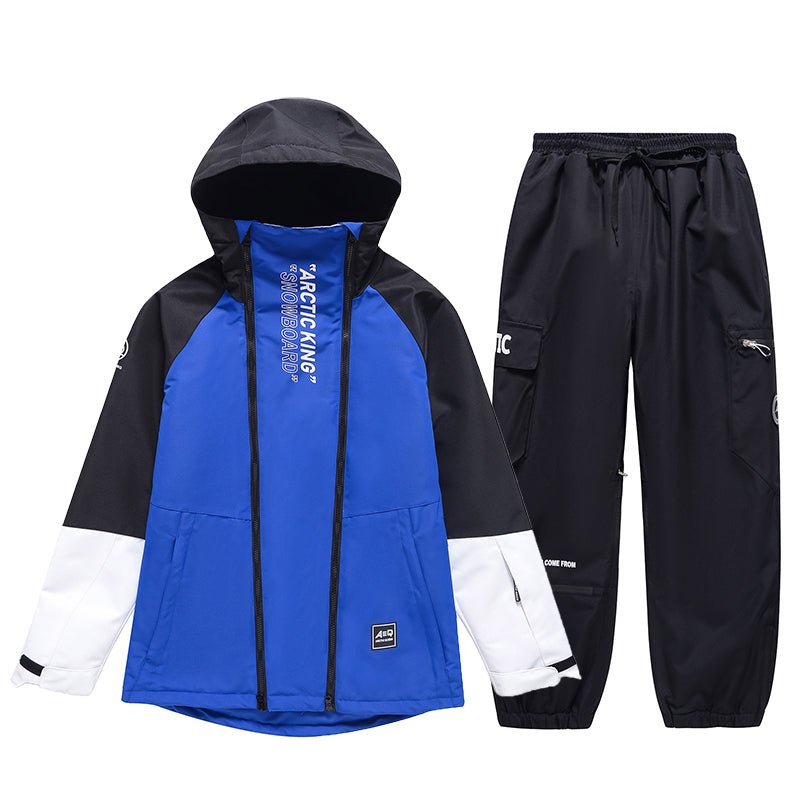 Men's winter snowboard suit by Les Odettes, impression zip snow suit with insulated waterproof design for cold weather snowboarding.