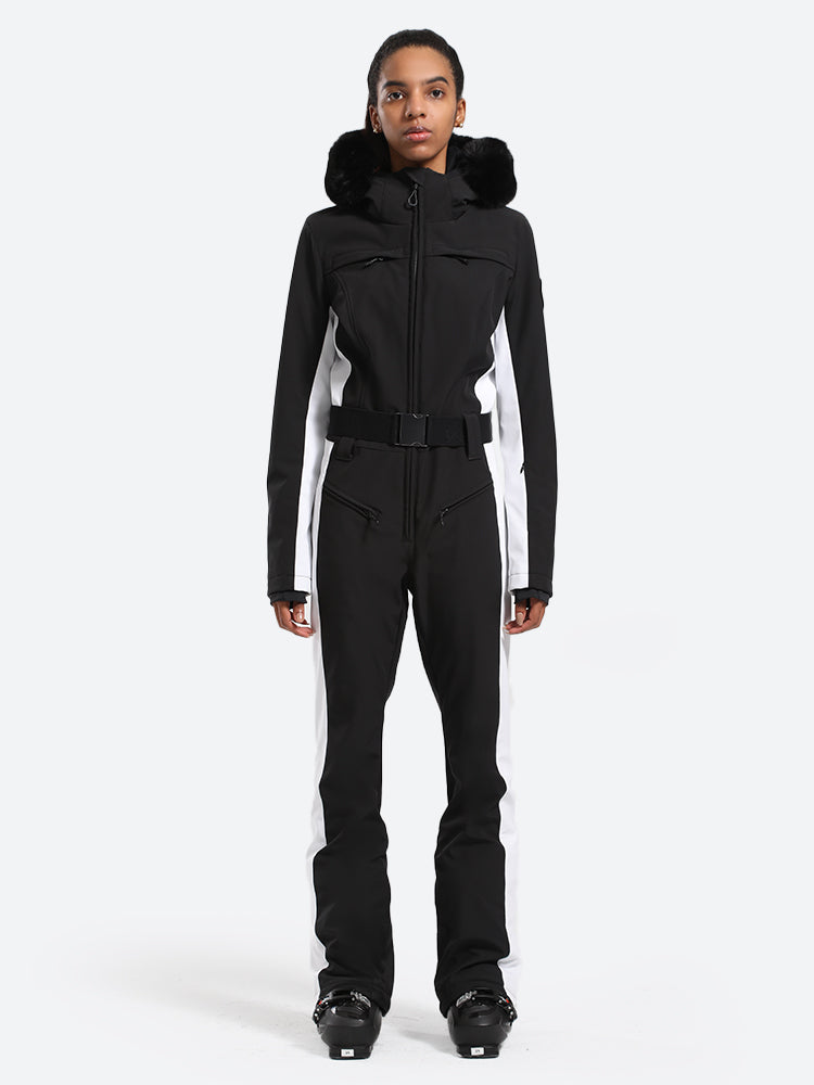 Les Odettes women's one-piece ski suit with classic faux fur trim, designed for warmth and style on the slopes.