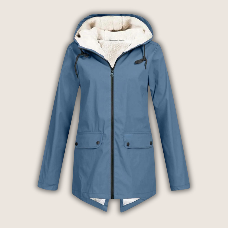 Les Odettes ThermaShell™ windproof and waterproof rain jacket, lightweight coat with adjustable hood and sealed seams.