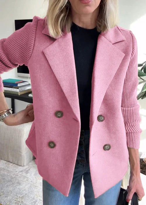 Les Odettes Lumière™ elegant tailored coat, stylish jacket with a sleek fit and classic design, shown on a model.