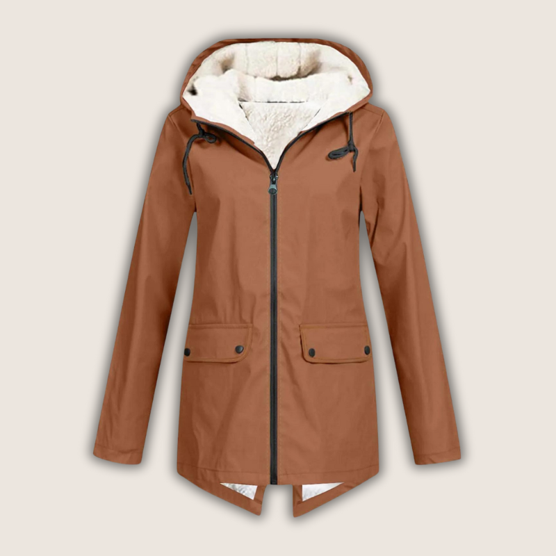 Les Odettes ThermaShell windproof and waterproof rain jacket with adjustable hood and sealed seams for outdoor protection.