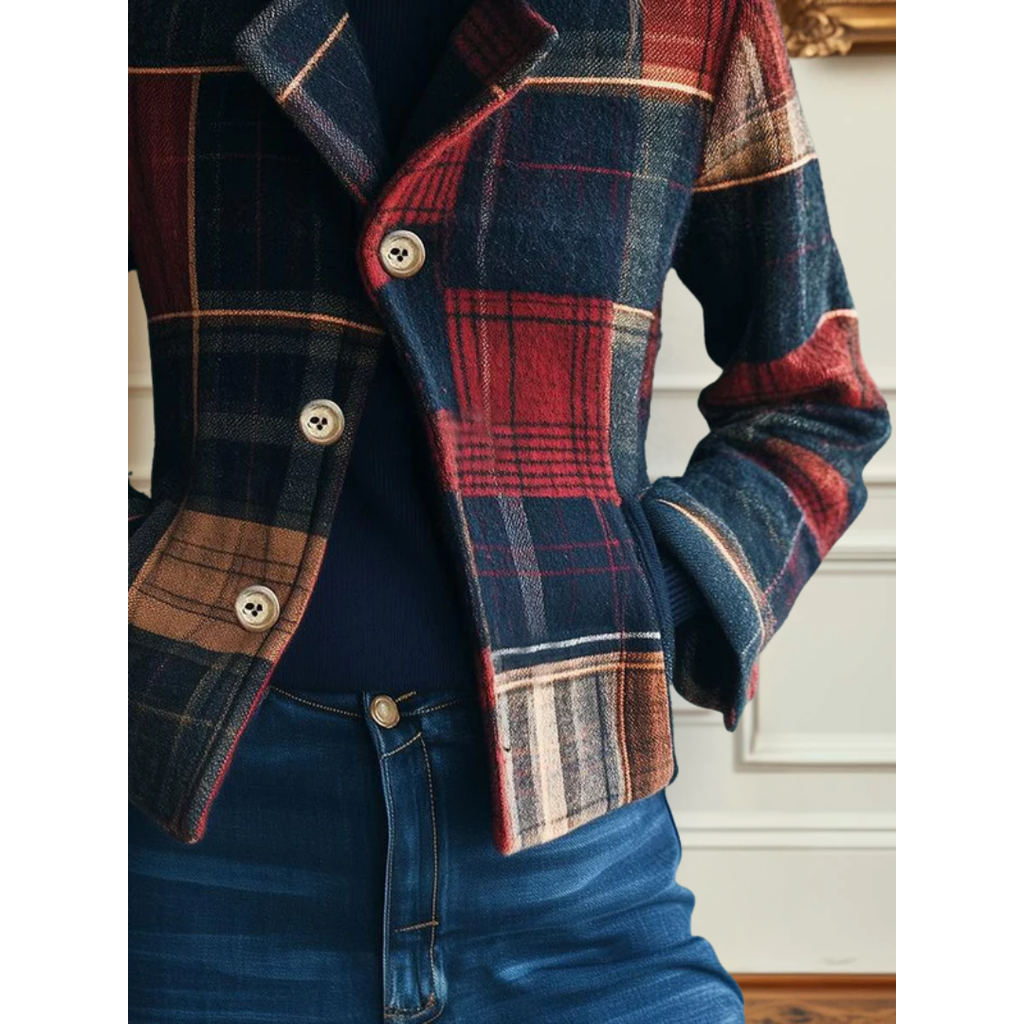 Les Odettes Francesca™ classic plaid jacket with tailored fit, featuring a stylish checkered pattern and button closure.