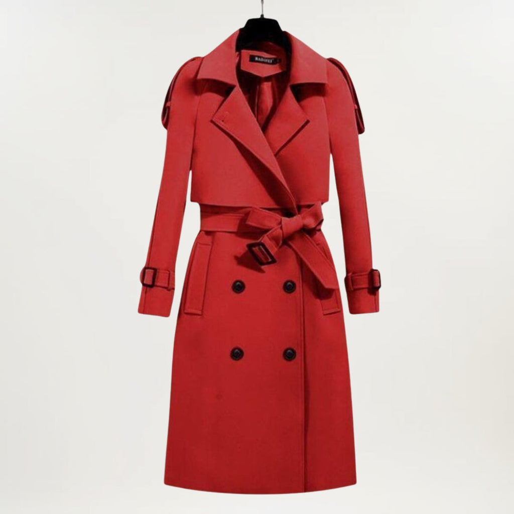 Les Odettes Ashly™ longline trench coat in beige, featuring classic collar and button details, stylish outerwear for women.