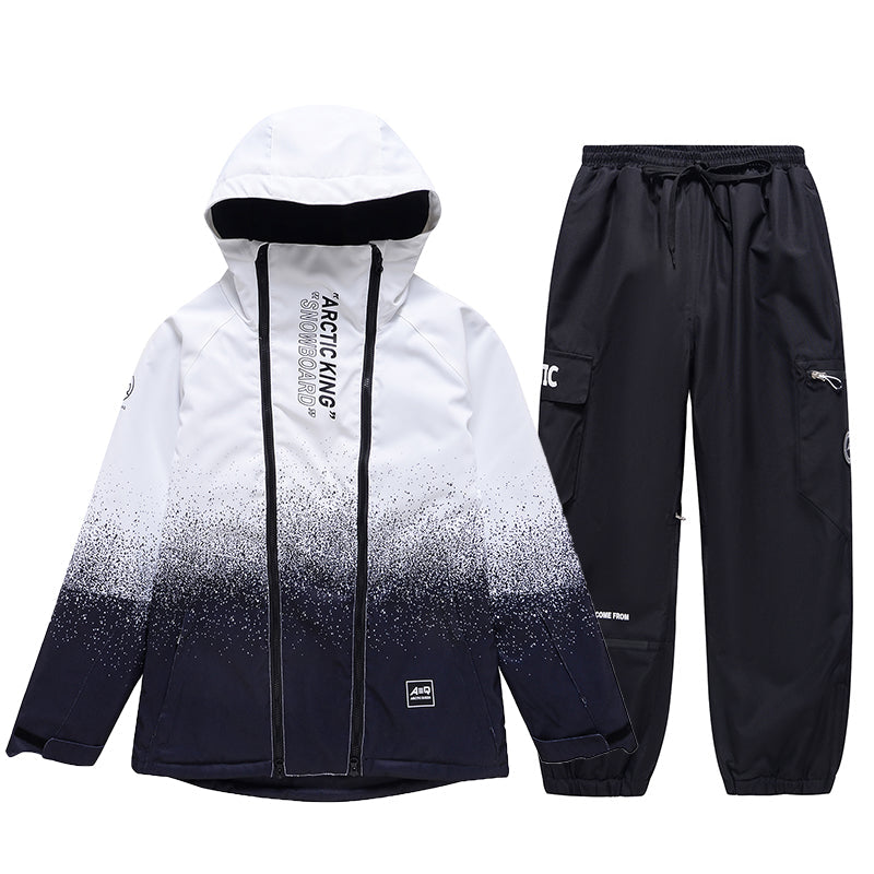 Men's winter snow suit by Les Odettes, men's snowboard suit with zip closure, insulated winter attire for snowboarding.