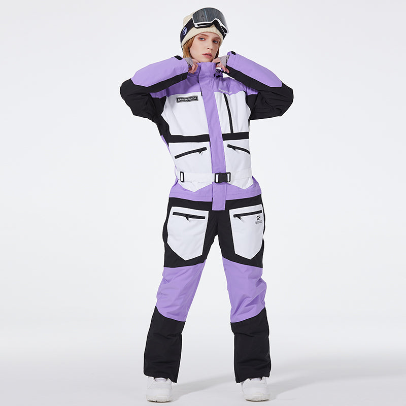 Women's SpeedPanda Mountain Alpine GlacierPro extreme onesie jumpsuit by Les Odettes, featuring durable outdoor winter gear.