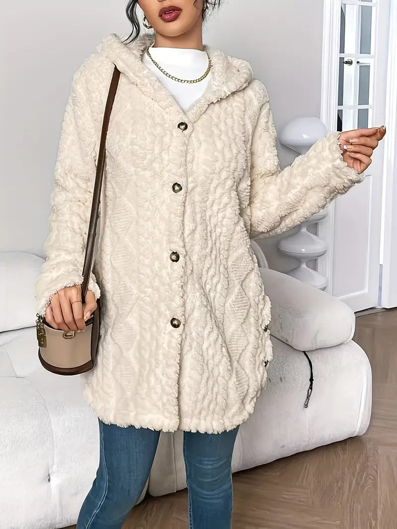 Les Odettes Adriana™ plush hooded cardigan, soft knit fabric, cozy hood, and front pockets, shown in a neutral color.