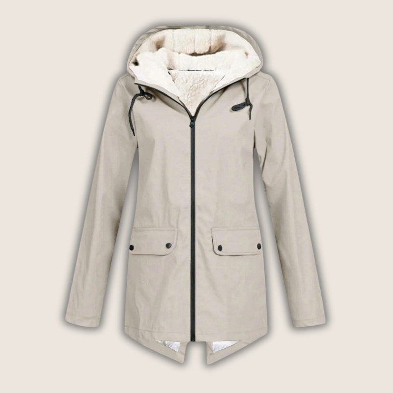 Les Odettes ThermaShell windproof and waterproof rain jacket, lightweight coat with hood, black color, outdoor weather protection
