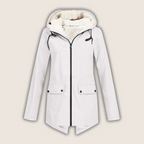 Les Odettes ThermaShell windproof and waterproof rain jacket, lightweight coat with hood, suitable for outdoor wet weather conditions.