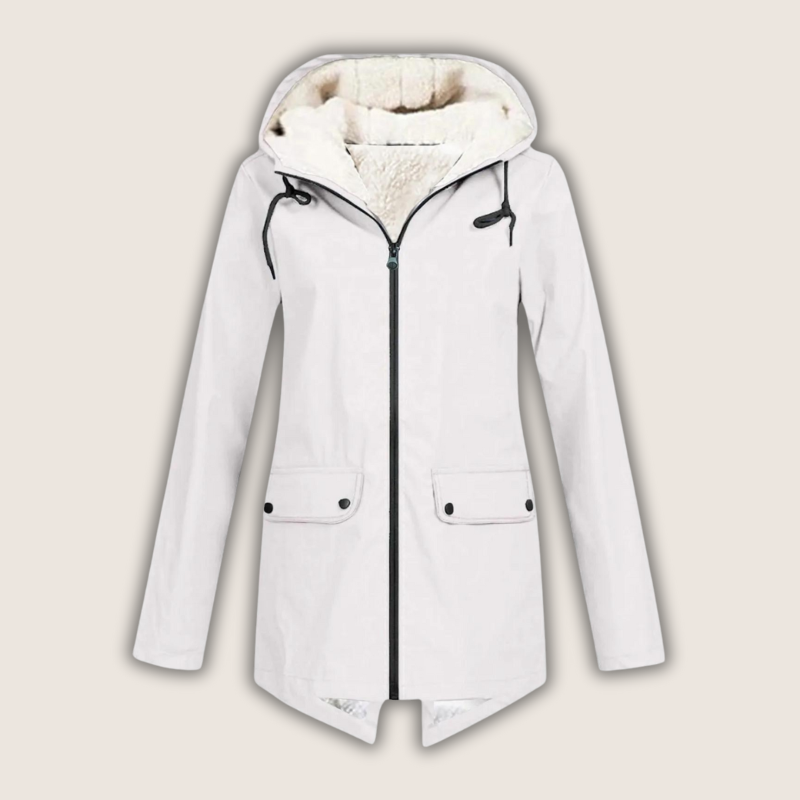 Les Odettes ThermaShell windproof and waterproof rain jacket, lightweight coat with hood, suitable for outdoor wet weather conditions.