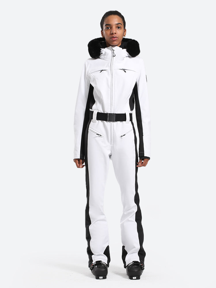 Les Odettes women's classic faux fur one-piece ski suit with over ski design, warm and stylish for winter snowboarding and skiing.